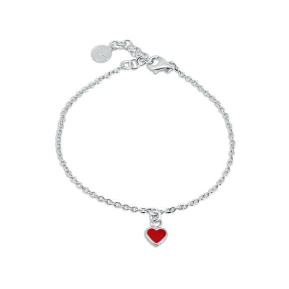 925 Silver Rhodium Plated Rolo Link Red Enamel Heart Adjustable Bracelet - Picture 2 of 11